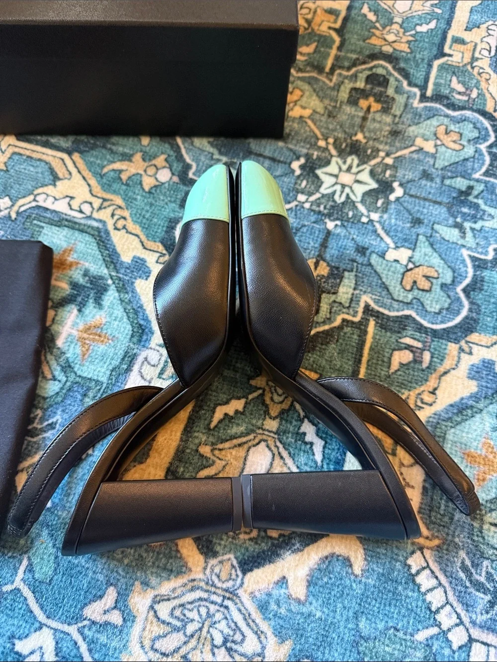Chanel 26S Blazy Black Minty Green Square Cap Toe Sling Slingback Heel 37.5